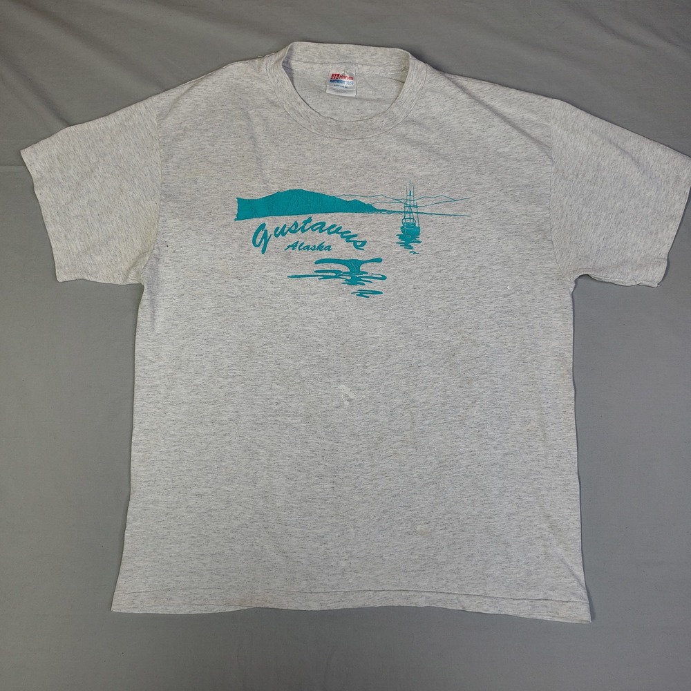 Vintage Gustavus Alaska T‎ Shirt Mens Large  Gray Hanes Heavyweight 5050 90s USA